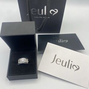 Jeulia Three Stone Ring Set 2 Tone Bow Twisted Enhancer 925 Silver Sz 6 Wedding